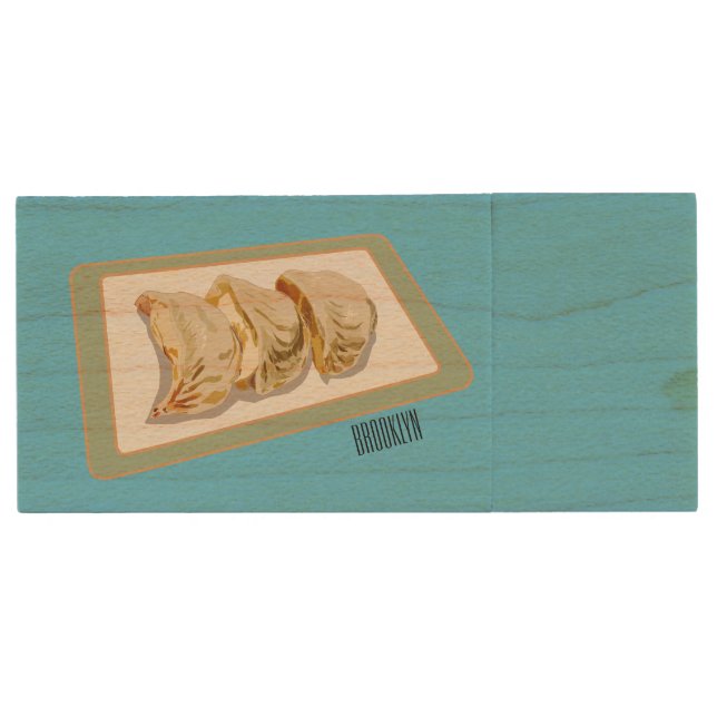 Jiaozi / Chinese dumplings cartoon illustration Wood Flash Drive (Front)