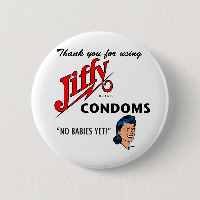 Jiffy Brand Condom Gear! Pinback Button (Front)