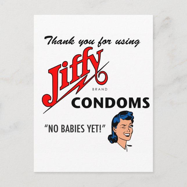 Jiffy Brand Condom Gear! Postcard (Front)