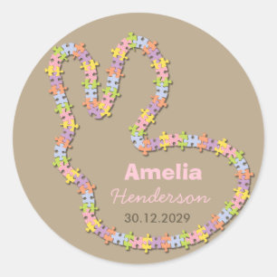 Jigsaw Bunny Baby Girl Gift Favor Label Sticker