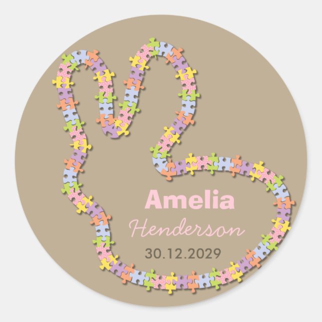Jigsaw Bunny Baby Girl Gift Favor Label Sticker (Front)