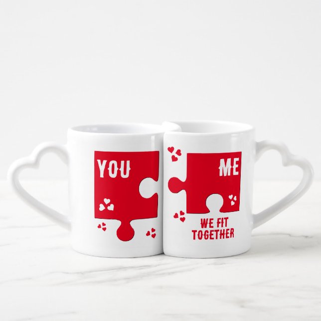 Jigsaw Hearts WE FIT TOGETHER Couples Valentine Coffee Mug Set (Front Nesting)