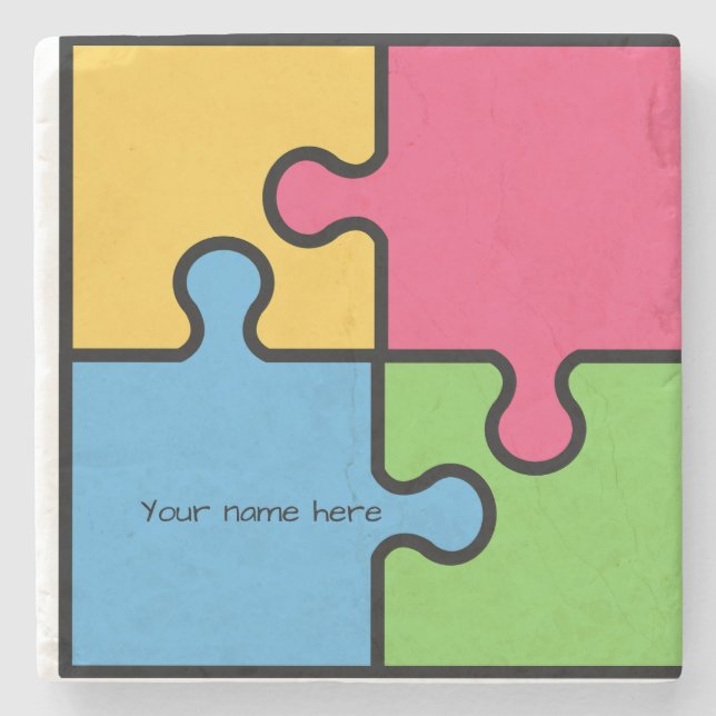 Jigsaw pattern with editable name stone coaster (Front)