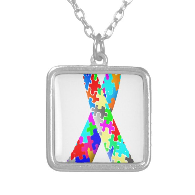 Jigsaw Puzzle Pattern Ribbon Silver Plated Necklace (Front)