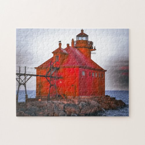 Jigsaw Puzzle Red Lighthouse on stormy seas
