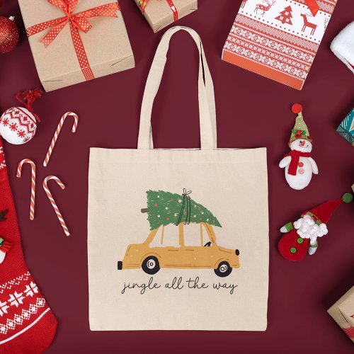 Jingle All The Way Car and Christmas Tree Holiday Tote Bag