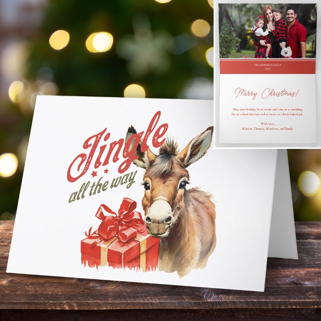 Jingle All the Way Christmas Farm Donkey Photo Holiday Card (Creator Uploaded)