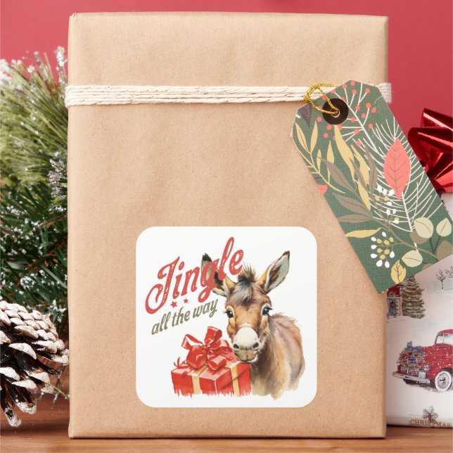 Jingle All the Way Christmas Farm Donkey Square Sticker (Holiday)