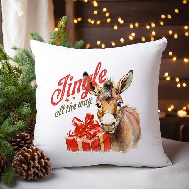 Jingle All the Way Christmas Farm Donkey Throw Pillow (Creator Uploaded)