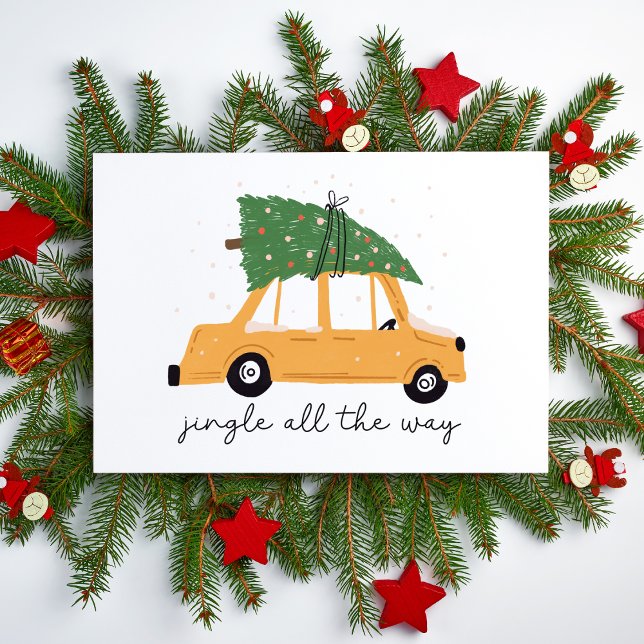 Jingle All the Way Cute Folded Blank Christmas Card (Jingle all the Way Car and Christmas Tree Holiday Card Blank Illustrated Non Photo Card for Work)