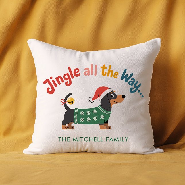 Jingle All the Way Dog – Custom Holiday Family  Throw Pillow (White holiday pillow with a dachshund in a green sweater and Santa hat, “Jingle all the Way…”)