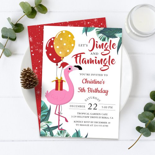 Jingle and Flamingo Tropical Christmas Birthday Invitation