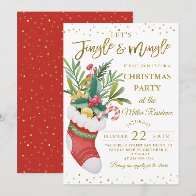 Jingle and Mingle Christmas Bouquet Sock Holiday Invitation (Front/Back)