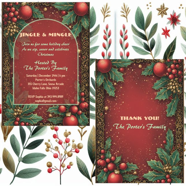 Jingle and Mingle Christmas Holly Motifs Red Berry Invitation (Jingle and Mingle Christmas Holly Motifs Red Berry Invitation)