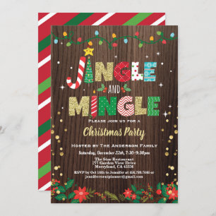 Jingle and Mingle Christmas Party rustic wood gold Invitation