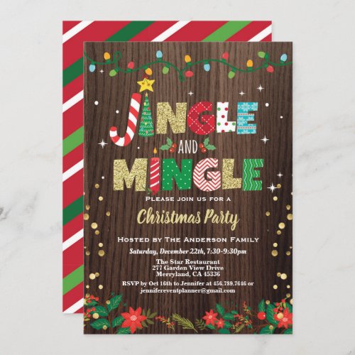 Jingle and Mingle Christmas Party rustic wood gold Invitation