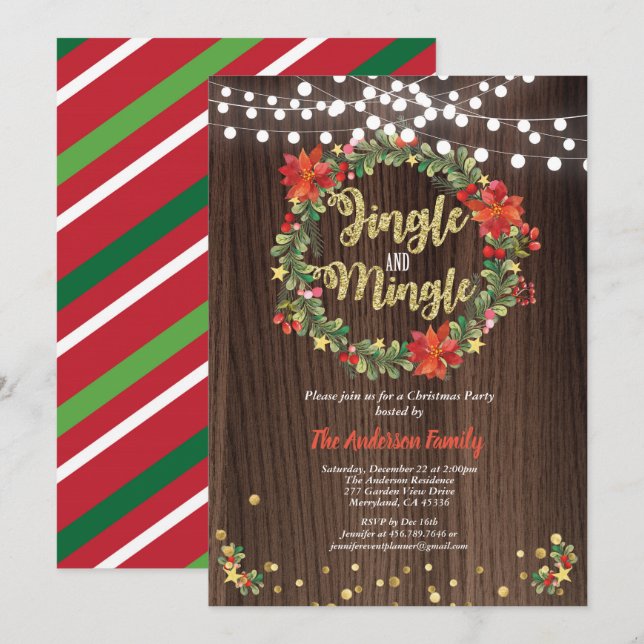 Jingle and Mingle Christmas party wreath rustic Invitation (Front/Back)