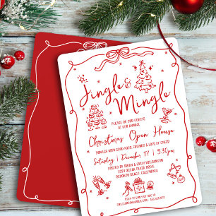 Jingle and Mingle Christmas Red Hand Drawn Doodles Invitation