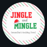 Jingle and Mingle Christmas Wedding Event Classic Round Sticker<br><div class="desc">Jingle and Mingle Christmas wedding event items with a festive striped background</div>