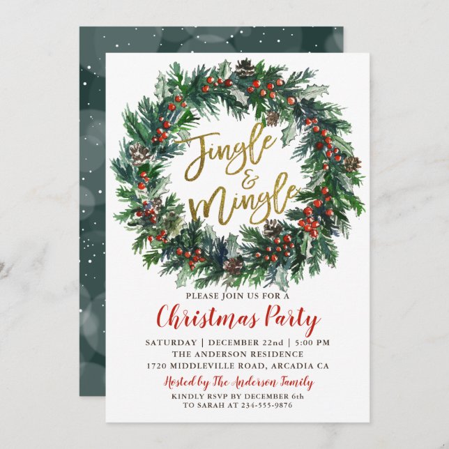 Jingle and Mingle Holly Berries Christmas Party Invitation (Front/Back)