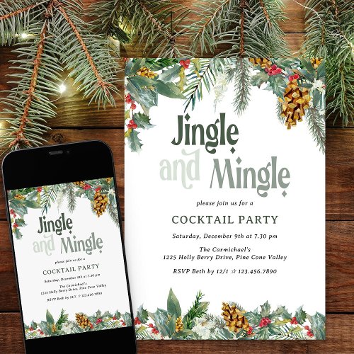 Jingle and Mingle Holly Pine Christmas Cocktail Invitation