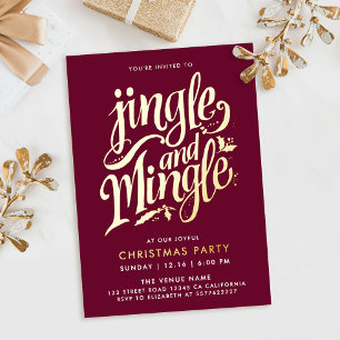 Jingle And Mingle Modern Burgundy Gold Calligraphy Foil Invitation