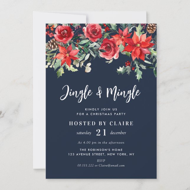 jingle and mingle navy blue christmas party invitation (Front)