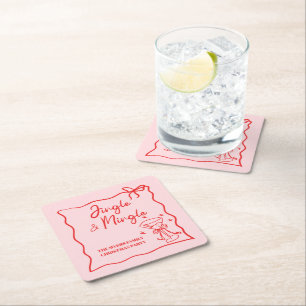 Jingle and Mingle Pink Red ribbon Square Paper Coaster