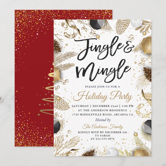 Jingle and Mingle Red Gold Holiday Party Invitation (Front/Back)
