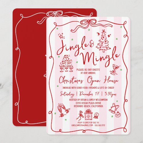 Jingle and Mingle Red Hand Drawn Doodles Christmas Invitation