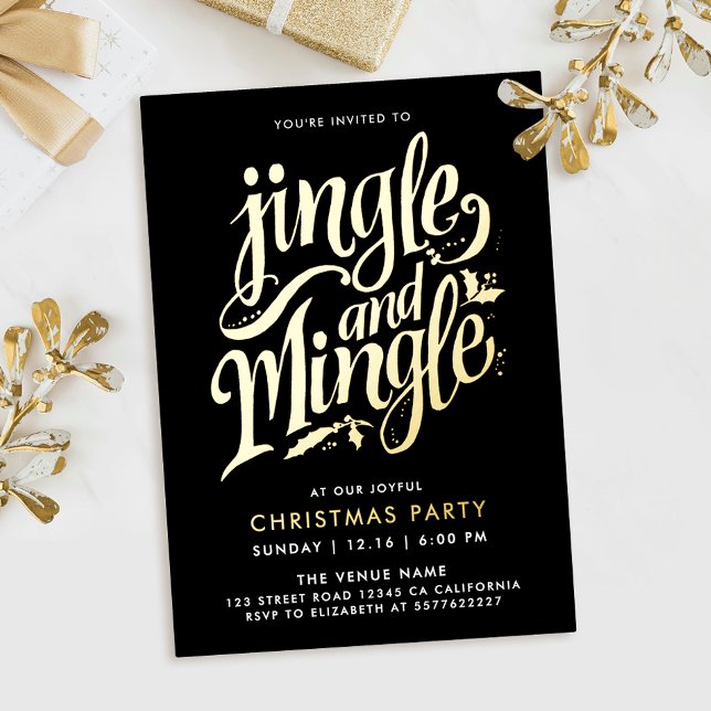 Jingle And Mingle Stylish Black Gold Calligraphy Foil Invitation (Creator Uploaded)