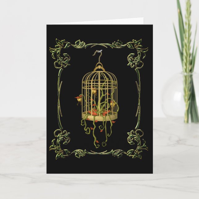 Jingle bell plant in a birdcage art nouveau card (Front)