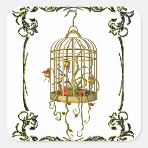 Jingle bell plant in a birdcage art nouveau square sticker