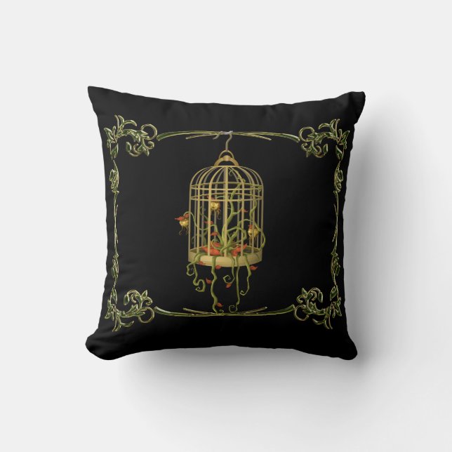 Jingle bell plant in a birdcage art nouveau throw pillow (Front)