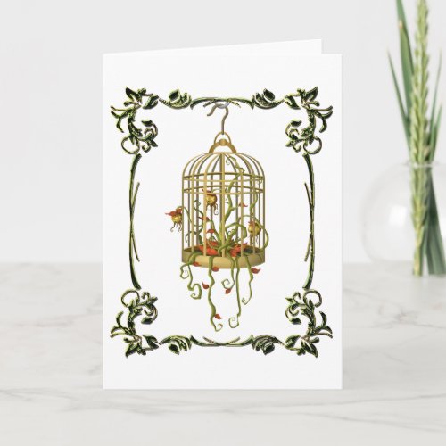 Jingle bell plant in a birdcage art nouveau unique card