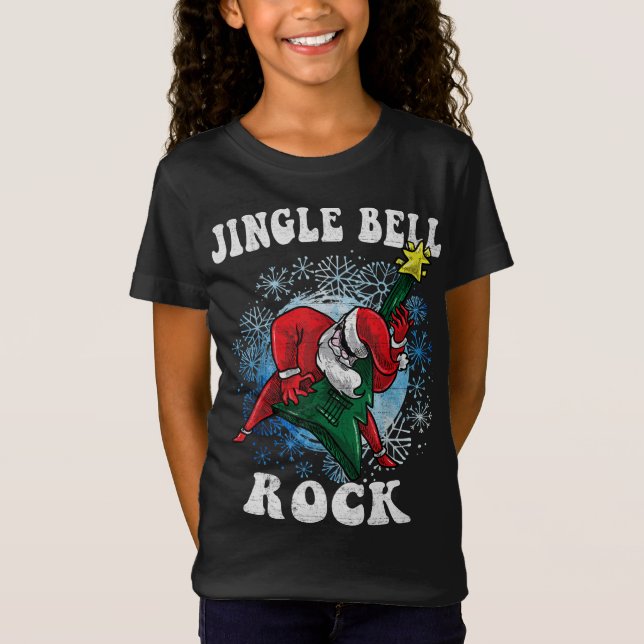 Jingle Bell Rock Santa Playing Guitar Christmas Fu T-Shirt (Front)
