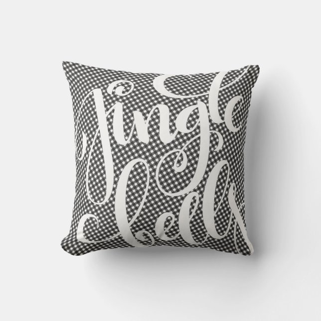 Jingle Bells Black White Buffalo Plaid Tartan Xmas Throw Pillow (Front)