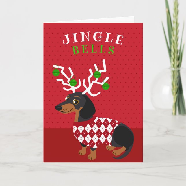 Jingle Bells Cute Dachshund with Antlers Christmas Holiday Card (Front)