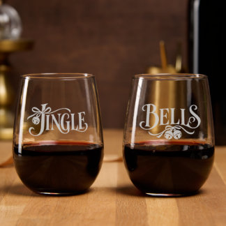 Jingle Bells Elegant Christmas Typography Pair Stemless Wine Glass