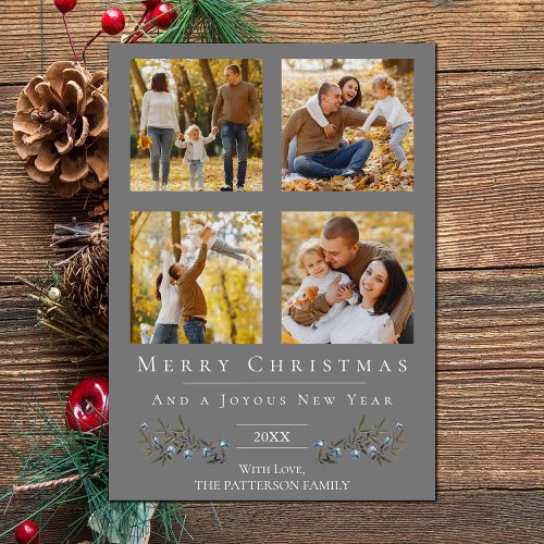 Jingle Bells Four Photo Christmas  Gray Holiday Card