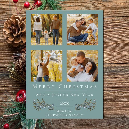 Jingle Bells Four Photo Christmas  Teal Holiday Card