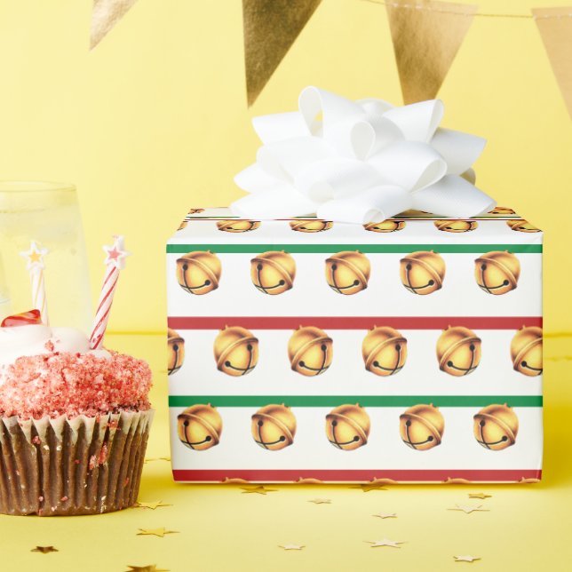Jingle bells gold tone on white green red wrapping paper (Birthday Party)