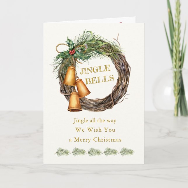 Jingle Bells Holly Pine Christmas Holiday Card (Front)