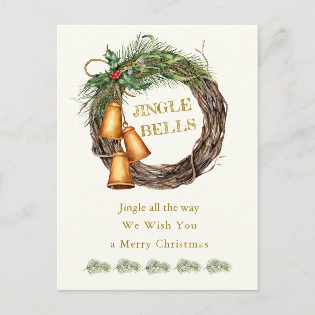 Jingle Bells Holly Pine Christmas Holiday Postcard (Front)