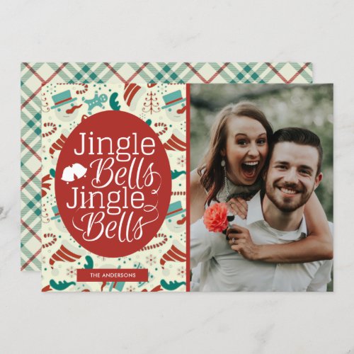 Jingle Bells Newlywed Photo Plaid Christmas Holiday Card