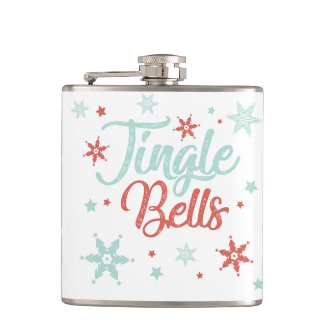 Jingle Bells Pastel Red Green Cute Drinking Gift Flask (Front)
