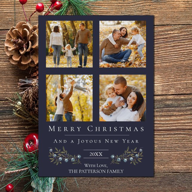 Jingle Bells Photo Collage Christmas | Blue Holiday Card (Blue Jingle Bells Four Photo Christmas Holiday Card)