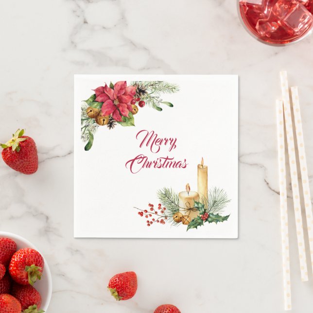 Jingle Bells, Poinsettia, and Candles Christmas Napkins (Insitu)