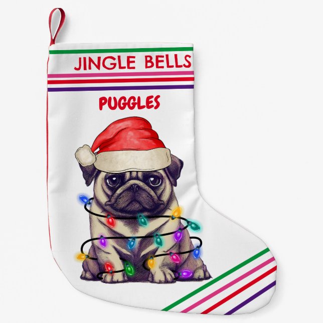 JINGLE BELLS PUG Christmas Stocking with name. (Front)