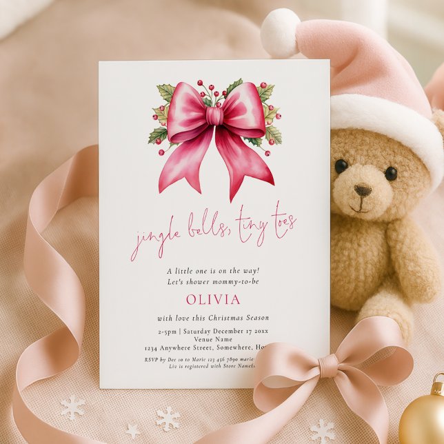 Jingle Bells Tiny Toes Pink Bow Xmas Baby Shower Invitation (Creator Uploaded)